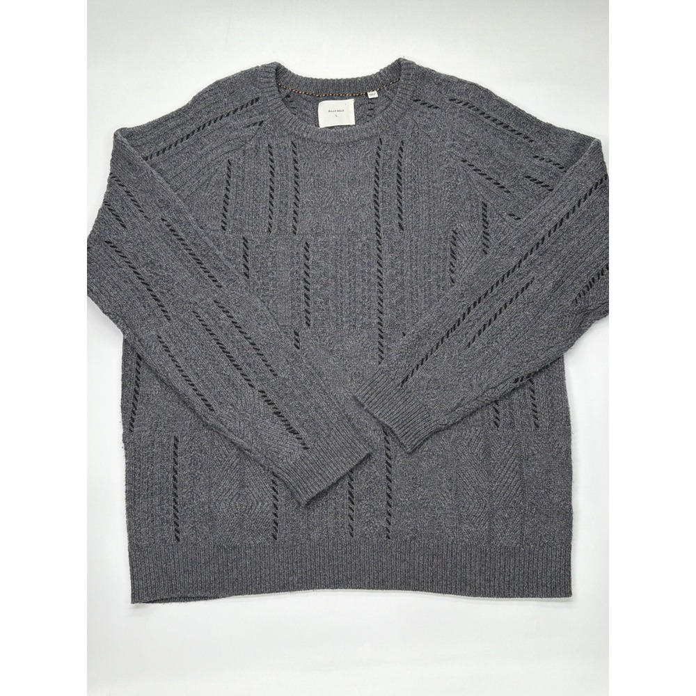 Billy Reid Mens Grey Wool Blend Cable Knit Open Stitch Crewneck Sweater Large